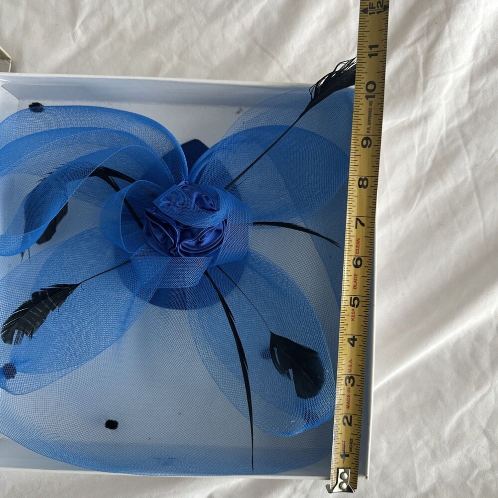 Blue Fascinator Black Feathers Mesh Netting Wedding Races - Picture 10 of 10
